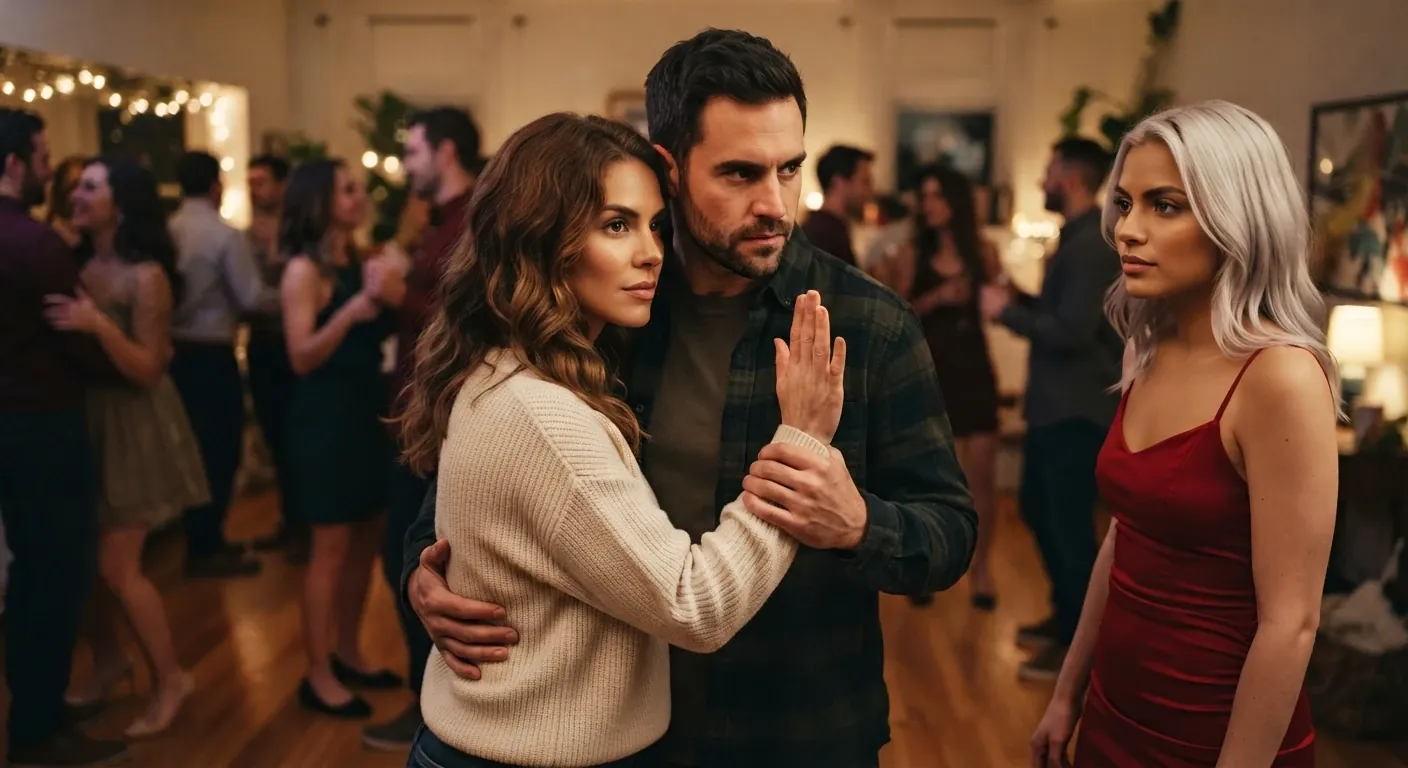 Pareja abrazada en una fiesta mientras él frena con la mano a otra mujer que se acerca