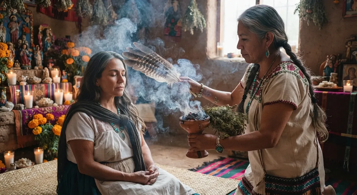 Curandera haciendo una limpia espiritual con sahumerio y plumas frente a un altar