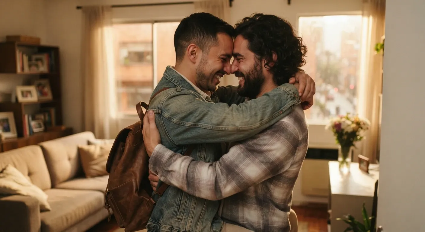 Pareja de dos hombres abrazándose felices, frente con frente, en su casa